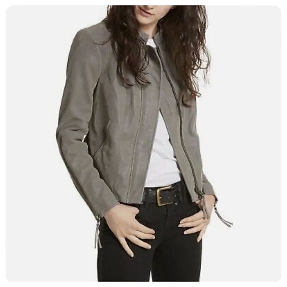 free people solid gray long sleeve faux leather motorcycle jacket 10 medium